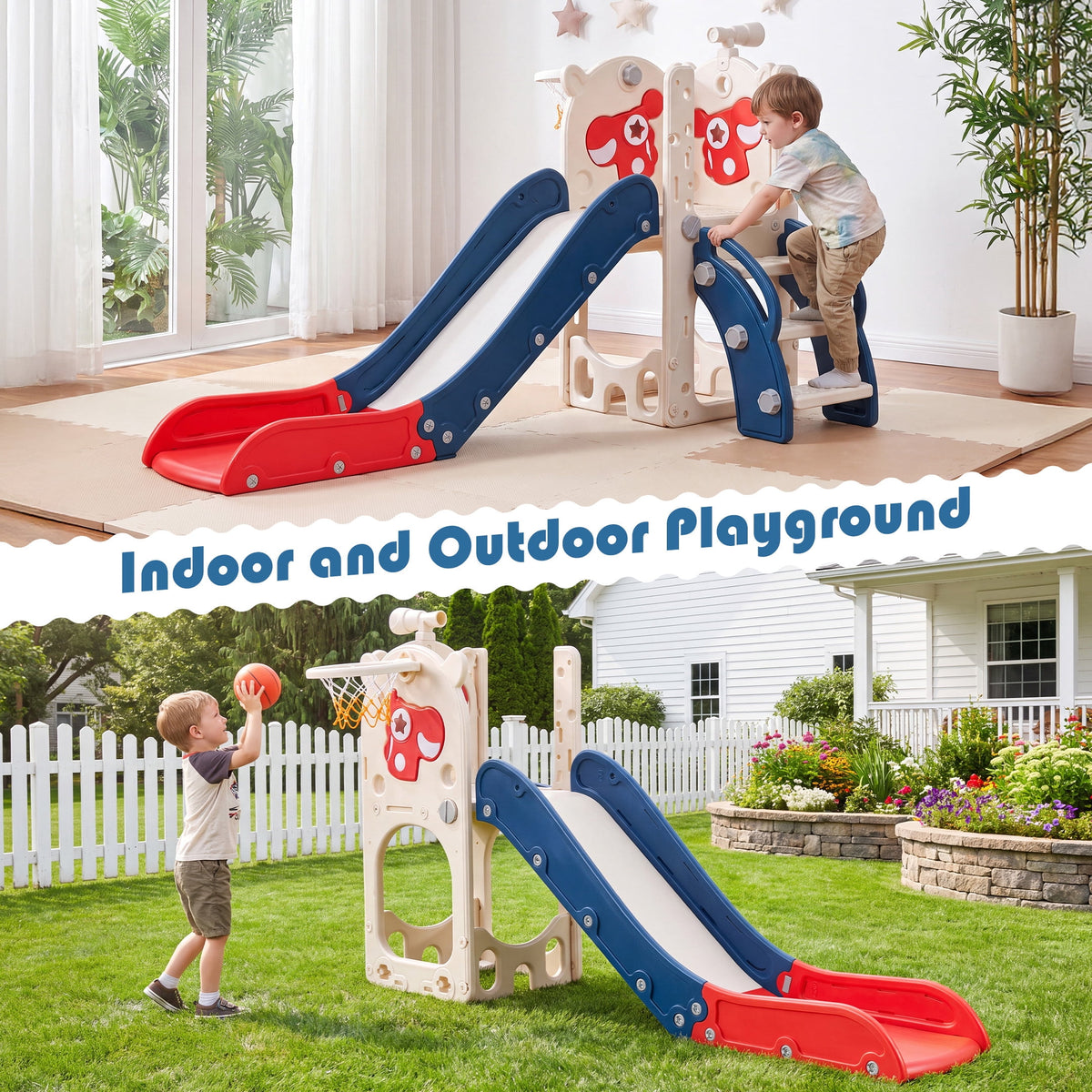 7-in-1 Toddler Slide with Climber and Basketball Hoop, Foldable Indoor Outdoor Kids Slide Playset with Golf Set