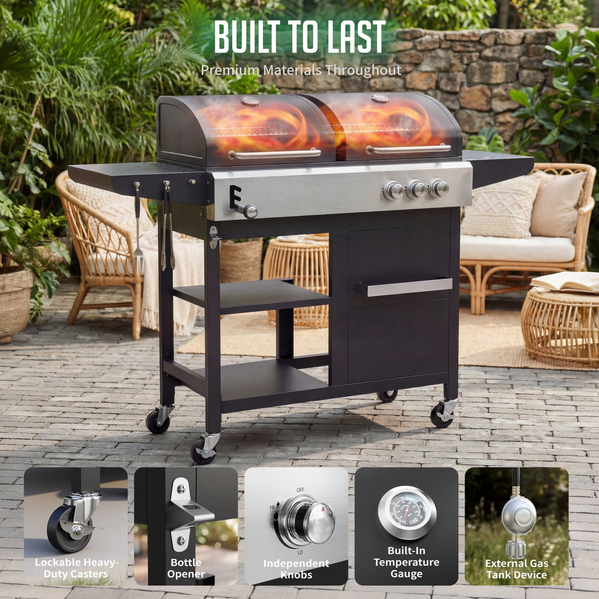 3-Burner Gas and Charcoal Grill Combo, Dual Fuel 54,000 BTU BBQ Propane Grill with Side Burner for Backyard BBQ, Outdoor Cooking & Camping
