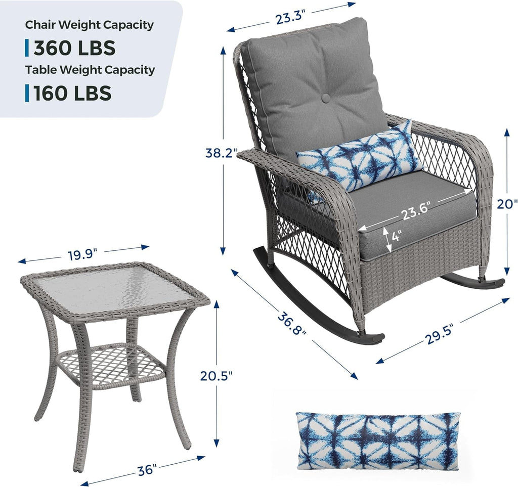 MRUAKA Outdoor Rocking Chairs Set of 3, Wicker Patio Furniture with Thickened Cushions and Table for Porch，350lbs Weight Capacity(Gray)