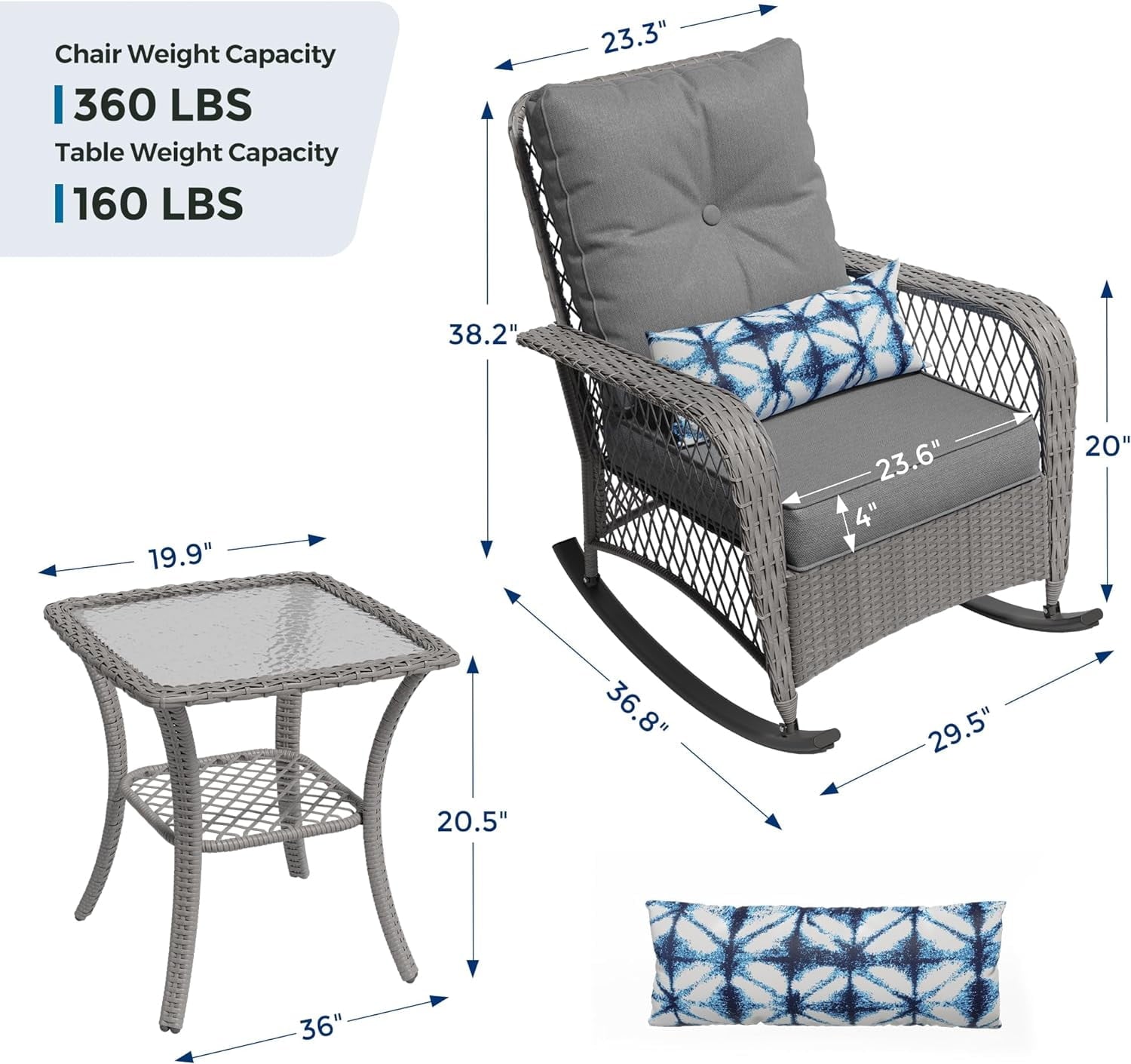 MRUAKA Outdoor Rocking Chairs Set of 3, Wicker Patio Furniture with Thickened Cushions and Table for Porch，350lbs Weight Capacity(Gray)