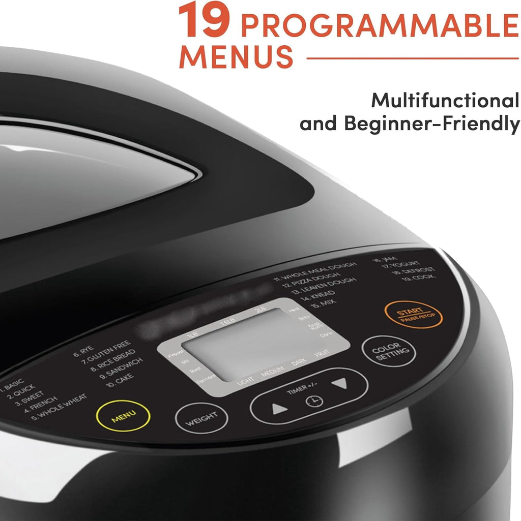 2LB Bread Maker Machine, 19-in-1 Programmable Bread Machine with Gluten Free Setting, 3 Loaf Sizes, 3 Crust Colors, 15H Delay Timer, 60Min Keep Warm, Nonstick Pan, LCD Display for Home Kitchen