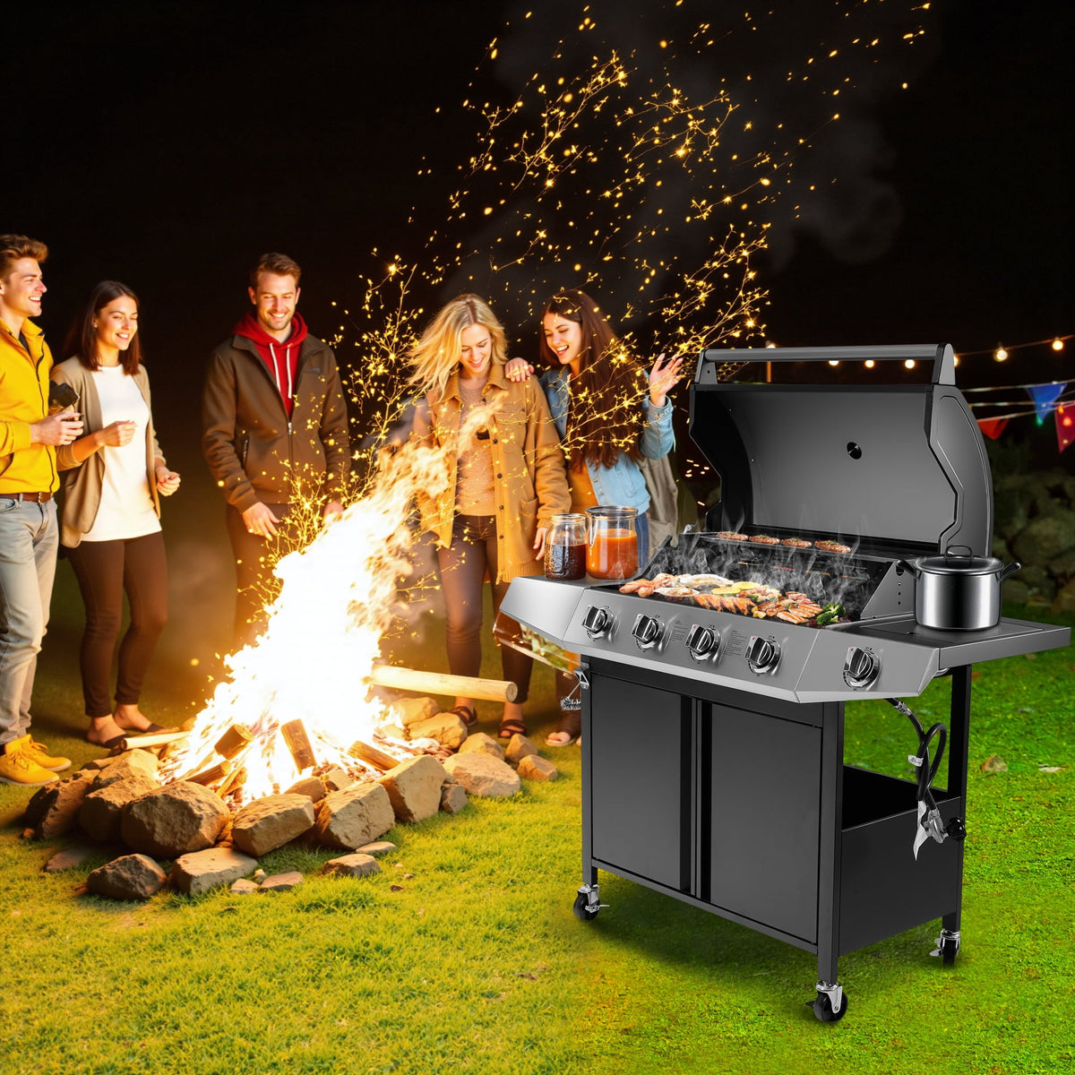 5 Burner Propane Gas Grill with Side Burner, Bbq Grill, 605 Sq. in. Cooking Area, 50000 Btu, Stainless Steel, Porcelain Grate, Outdoor Cookouts