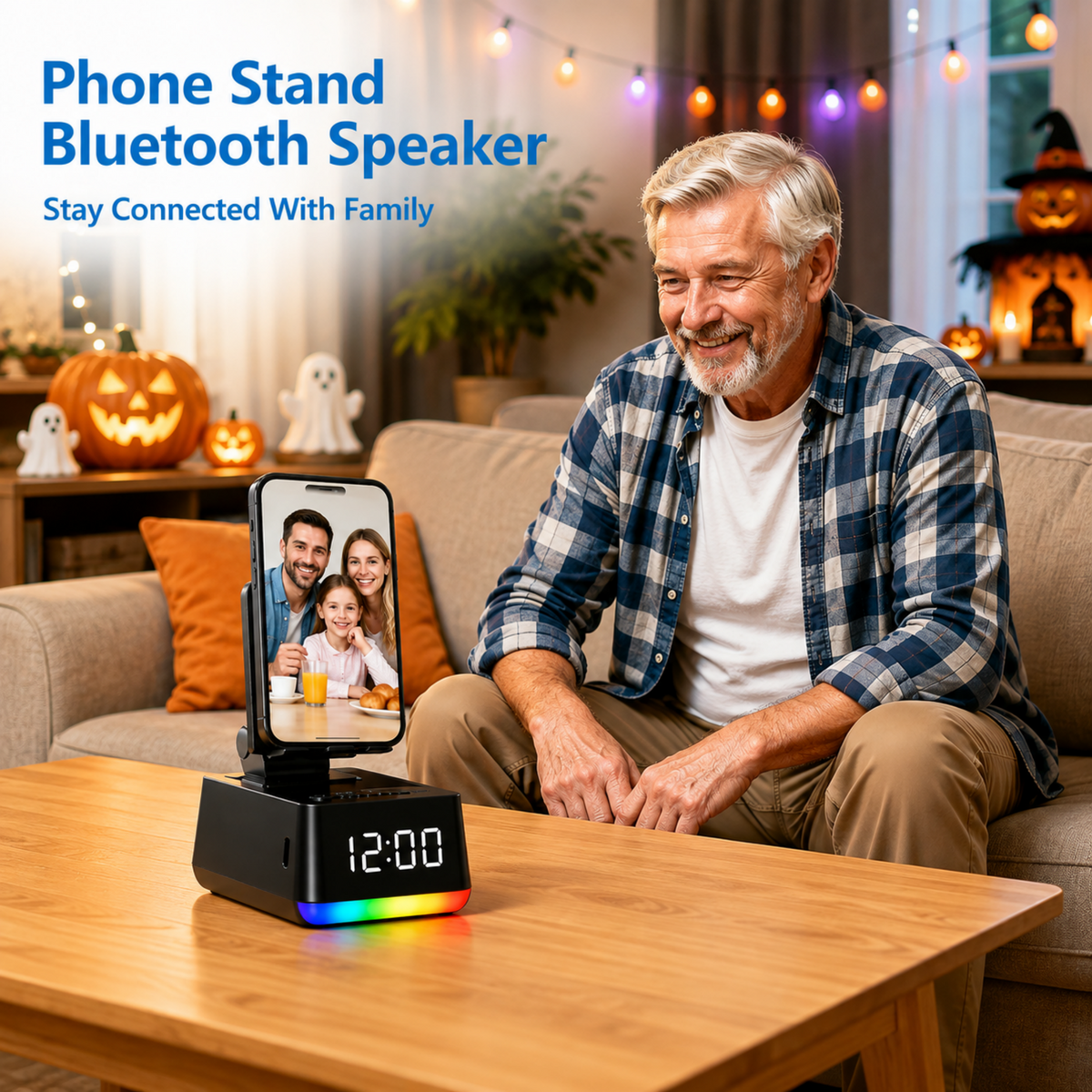 Wireless Induction Bluetooth Speaker, Phone Stand Speaker with Digital Clock & RGB Light, HD Stereo Sound, Foldable Cell Phone Stand for IPhone Android IPad, Tech Gadget Gifts for Men Women Teens