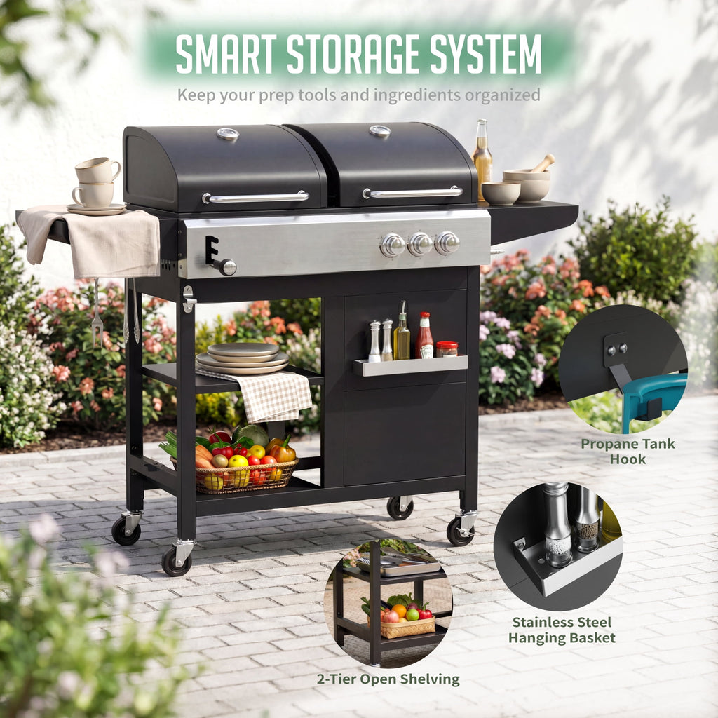 3-Burner Gas and Charcoal Grill Combo, Dual Fuel 54,000 BTU BBQ Propane Grill with Side Burner for Backyard BBQ, Outdoor Cooking & Camping