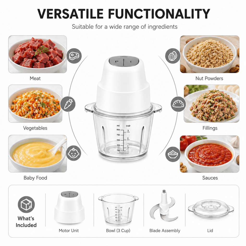 Hicloud White Mini Food Processor, 3 Cup Electric Meat Vegetable Chopper, Constant Speed Control Small Food Grinder for Garlic Onion Baby Food