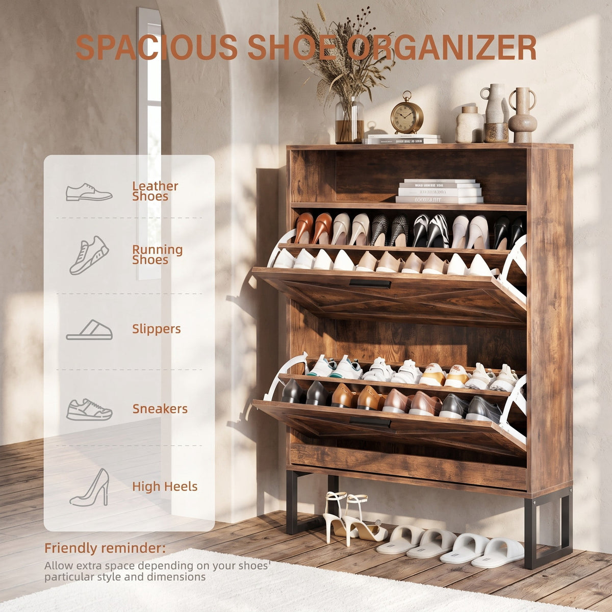 Flip-Door Shoe Cabinet for Entryway, Holds 32 Pairs, Adjustable Shelves, Farmhouse Burnt Wood Finish, 39" Tall