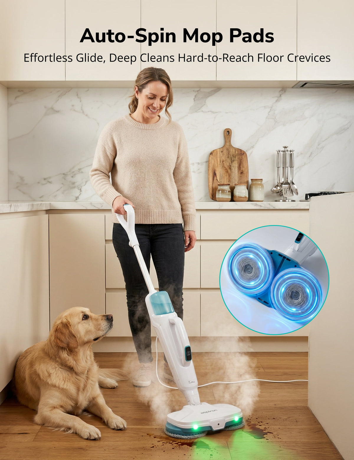 Steam Mop, 10-in-1 Steam Mop and Handheld Steamer, 15s Heat-Up, Self-Rotating Scrub Pads, 2 Steam Modes with Spray,500ML Removable Tank,LED Light,Floor Steamer for Hardwood,Tile, Carpet,Car