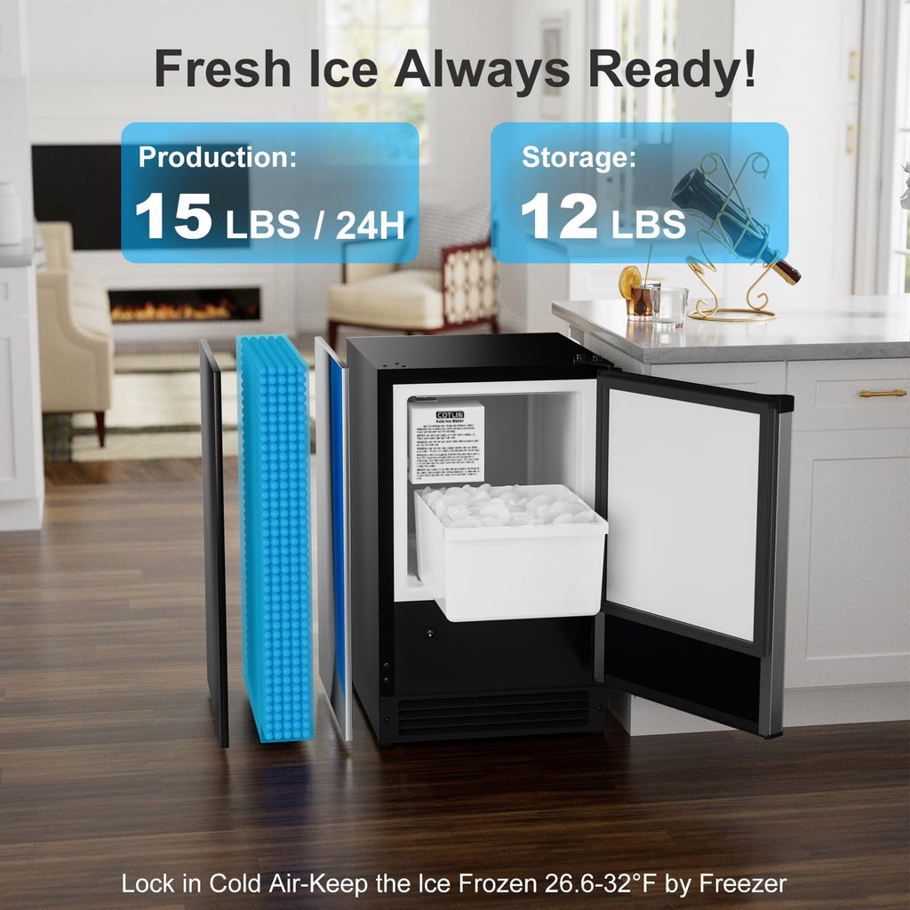 15" W Under Counter Ice Maker No Drain Required Stainless Steel Freestanding & Built-in Crescent Ice Machine, 12LBS Storage for RV, Marine & Home, ETL