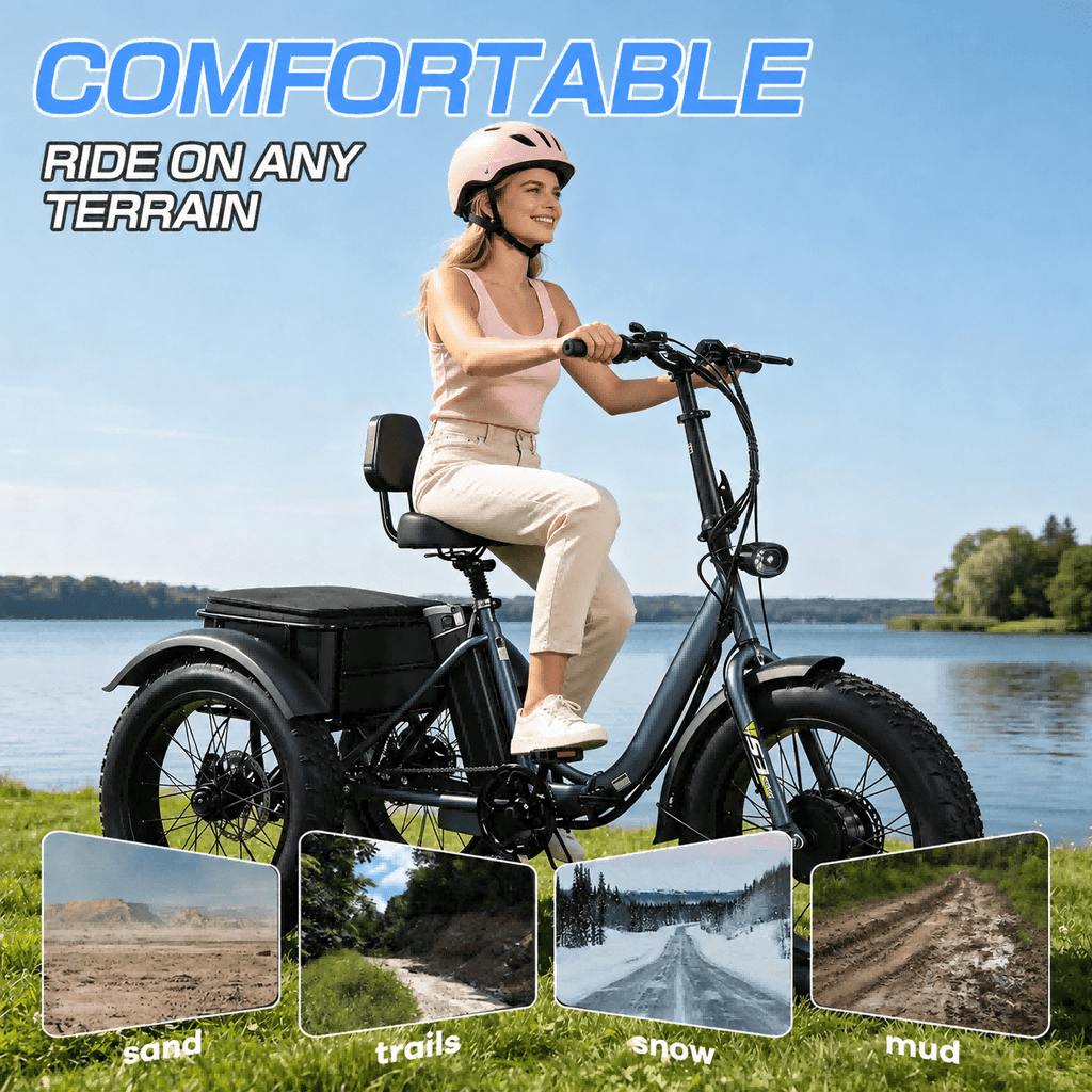 Electric Tricycle for Adults, 1500W Peak 3 Wheel Electric Bike, 20x4.0 Fat Tire Folding Step-Thru, 6-Speed with Large Basket