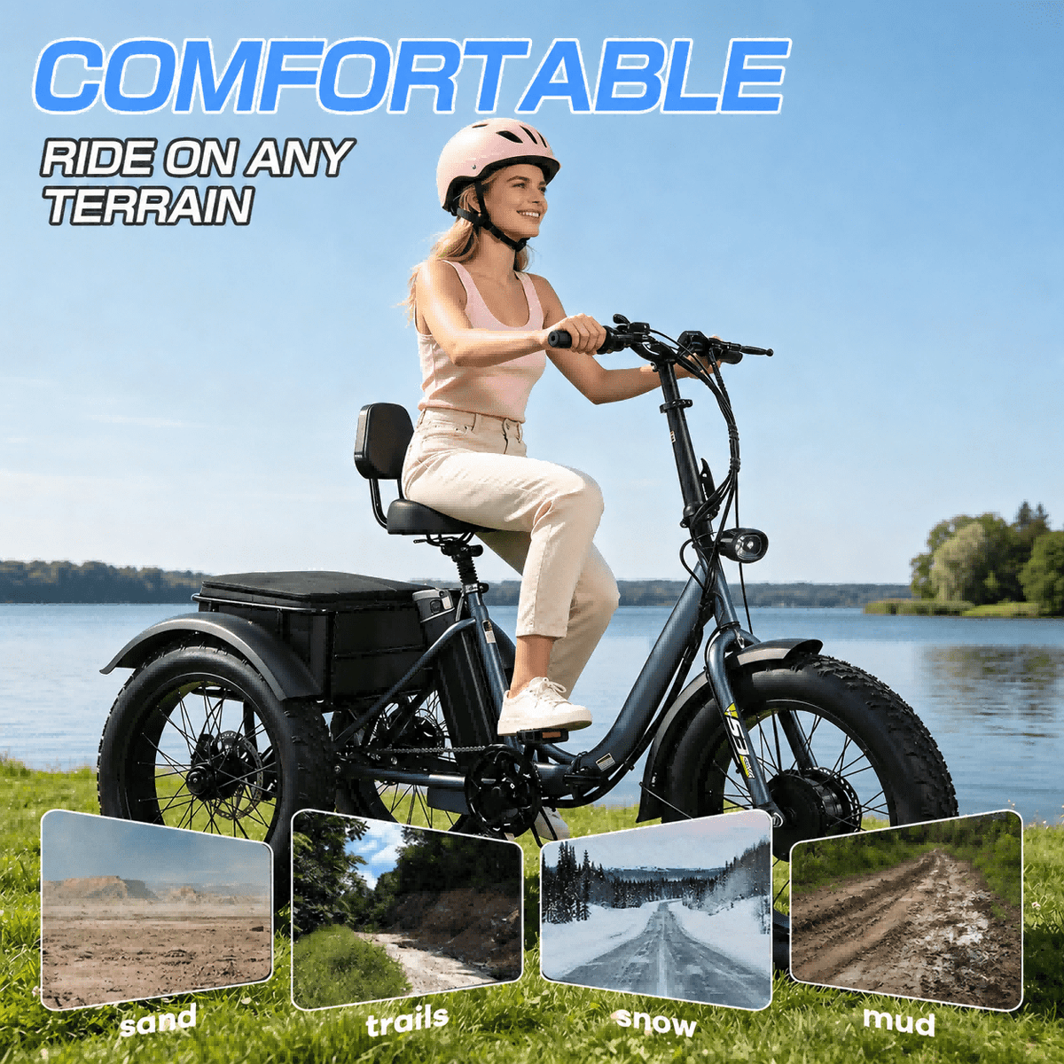 Electric Tricycle for Adults, 1500W Peak 3 Wheel Electric Bike, 20x4.0 Fat Tire Folding Step-Thru, 6-Speed with Large Basket