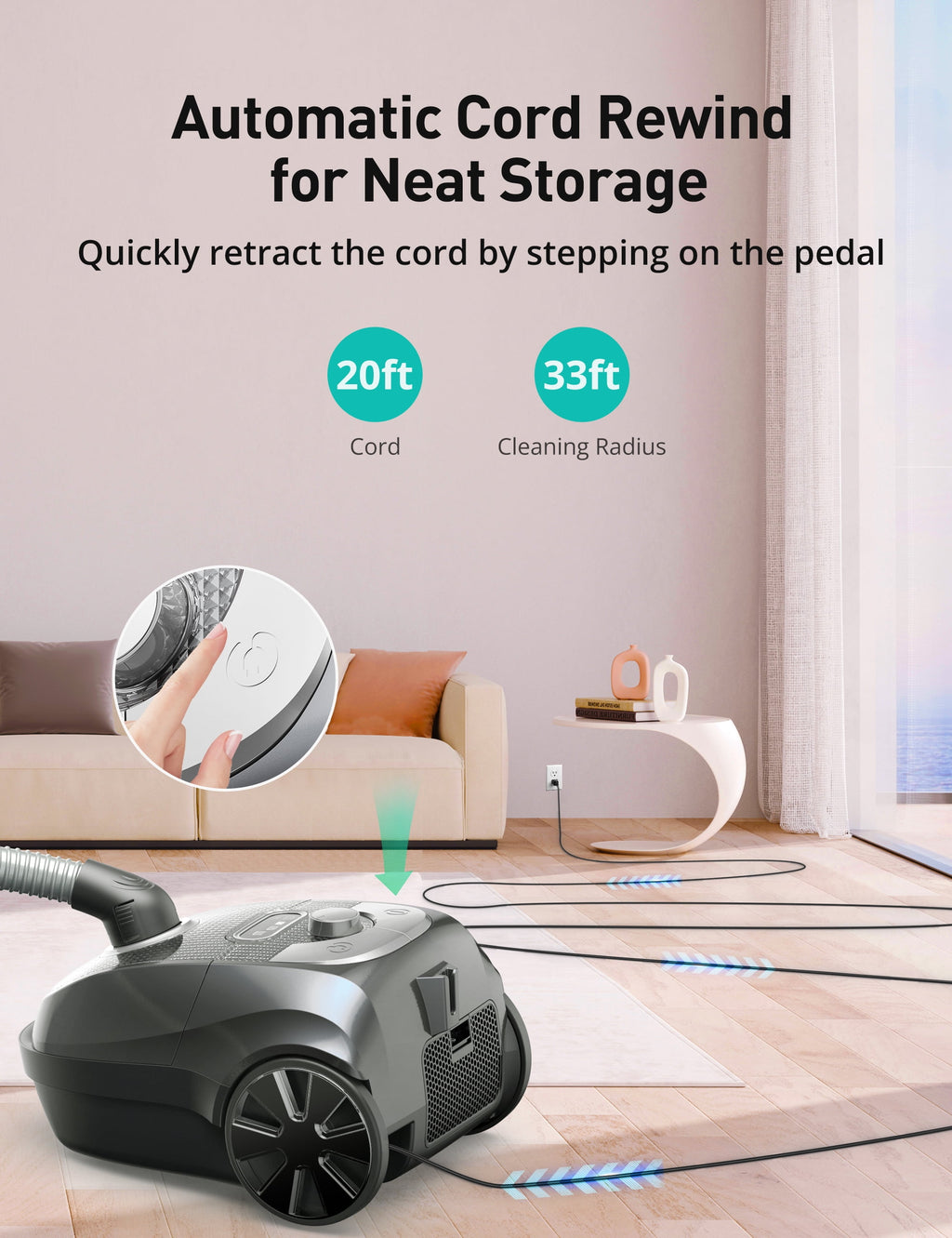 Canister Vacuum Cleaner, 1600W 40Kpa Canister Bagged Vacuum, 4QT, H13 HEPA Filter, 5 Tools, Variable Power Control, for Carpets, Hardwood Floors, Stairs, Pet Hair, Household, Car