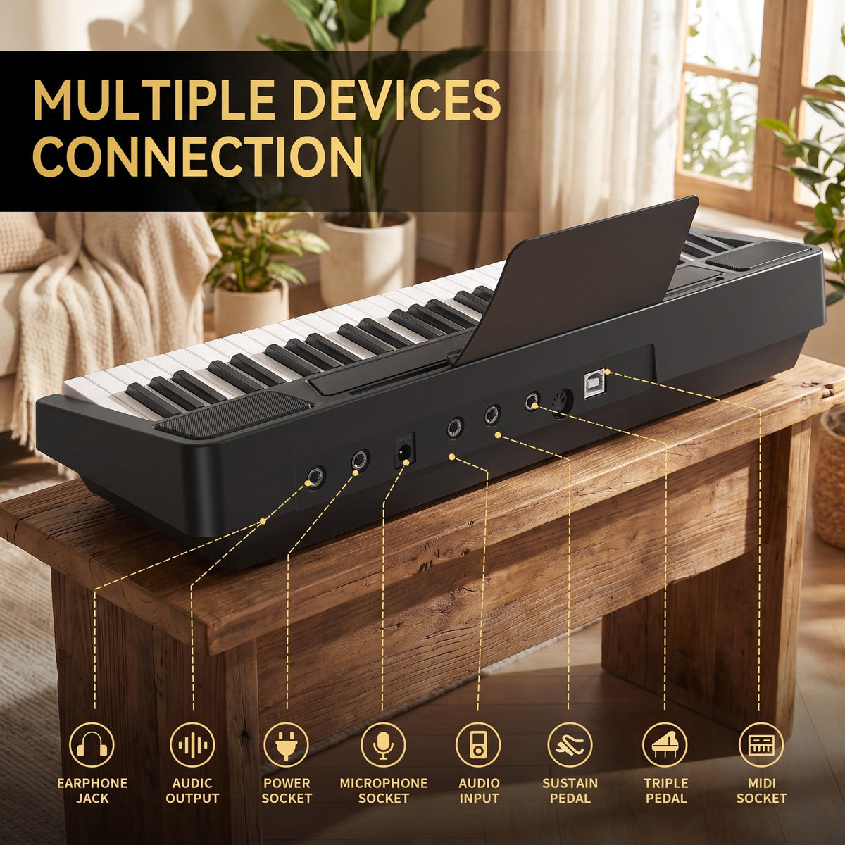 88 Key Semi-Weighted Electric Piano Keyboard with Stand, Sustain Pedal, Headphones & Carrying Case – Built-In Speakers, Bluetooth, Black
