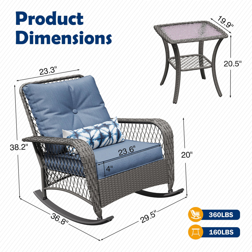 MRUAKA Outdoor Rocking Chairs Set of 3, Wicker Patio Furniture with Thickened Cushions and Table for Porch，350lbs Weight Capacity(Blue)
