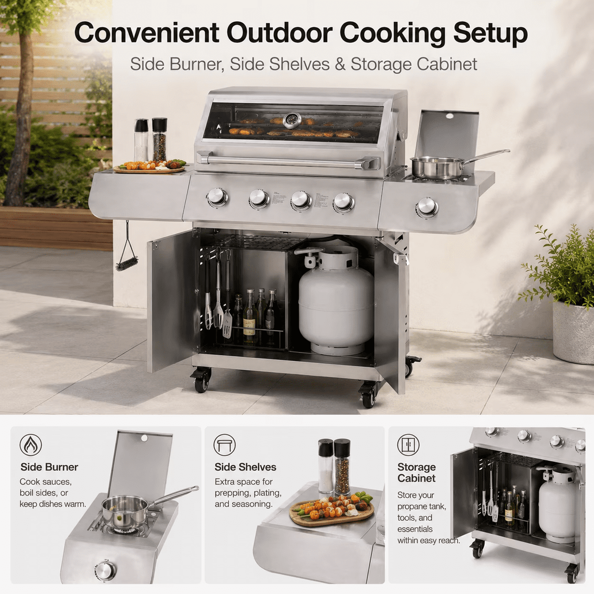 5 Burner Bbq Propane Gas Grill with Side Burner, Barbecue Grills with 627 Sq.in Cooking Area, Griddle Combo, 50000 Btu, Stainless Steel, Porcelain Grates