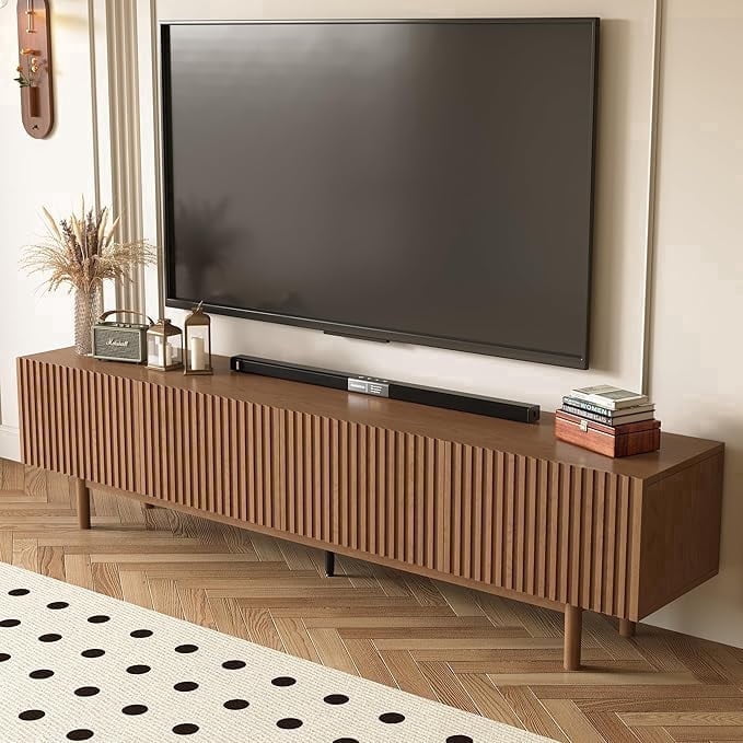 86.61" Mid-Century Modern TV Stand for TVs up to 85", Sturdy Living Room Furniture Media Console with Large Storage Space, Entertainment Center for Living Room and Bedroom, Walnut
