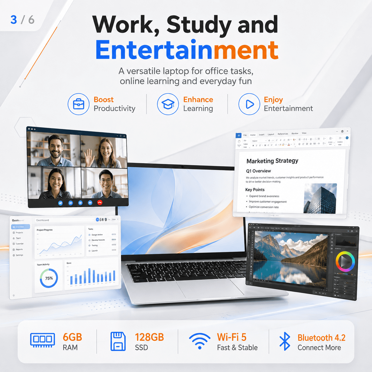 14.1" Laptop Computer, Intel N3450 Processor, 6GB RAM, 128GB SSD, Full HD Display, Ultra-Slim Notebook with WiFi, HDMI and Webcam, Silver