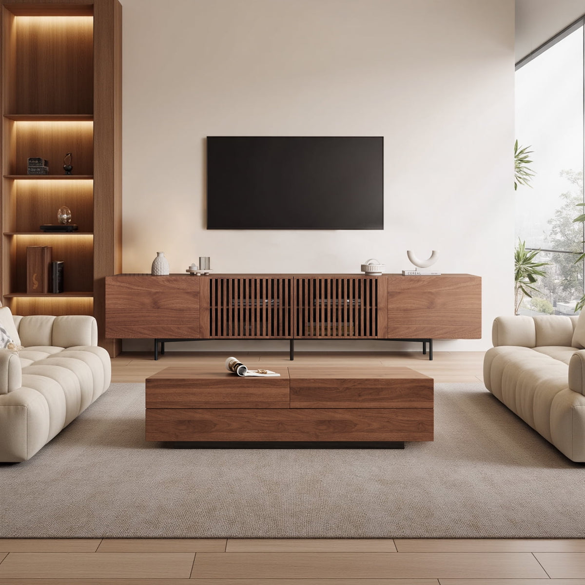 Mid-Century Modern TV Stand for 80+" TVs, 94.48" Walnut Console with Storage, Stylish Entertainment Center for Living Room or Bedroom