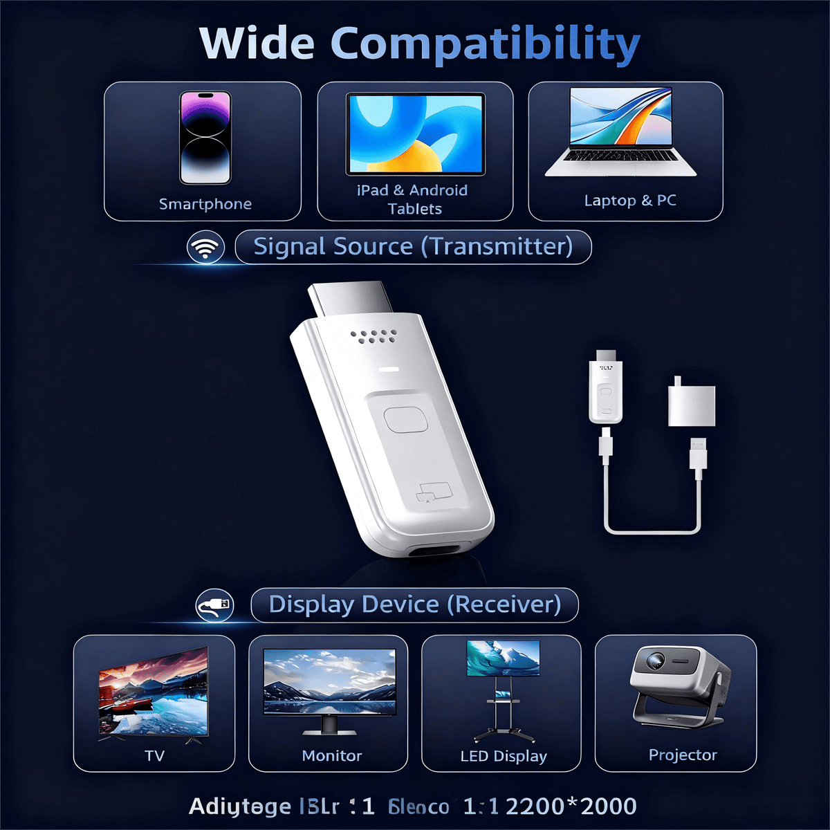 Wireless HDMI Transmitter and Receiver 2-in-1, Plug & Play No App No WiFi, 4K Decode 1080P Output, Screen Mirroring from Laptop PC Phone to TV Projector Monitor, Portable for Business Presentation