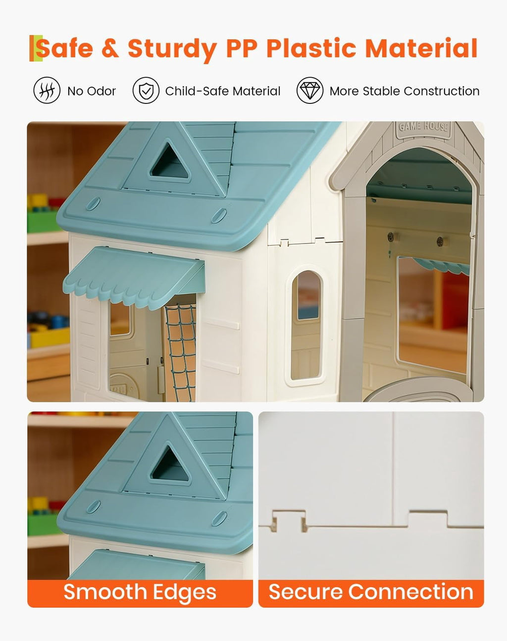 Playhouse with Basketball Hoop, Soccer Goal, Dartboard and Ring Toss Game, Indoor/Outdoor Toddler Play House with Stickers, for Boys and Girls Ages 6+, Cyan
