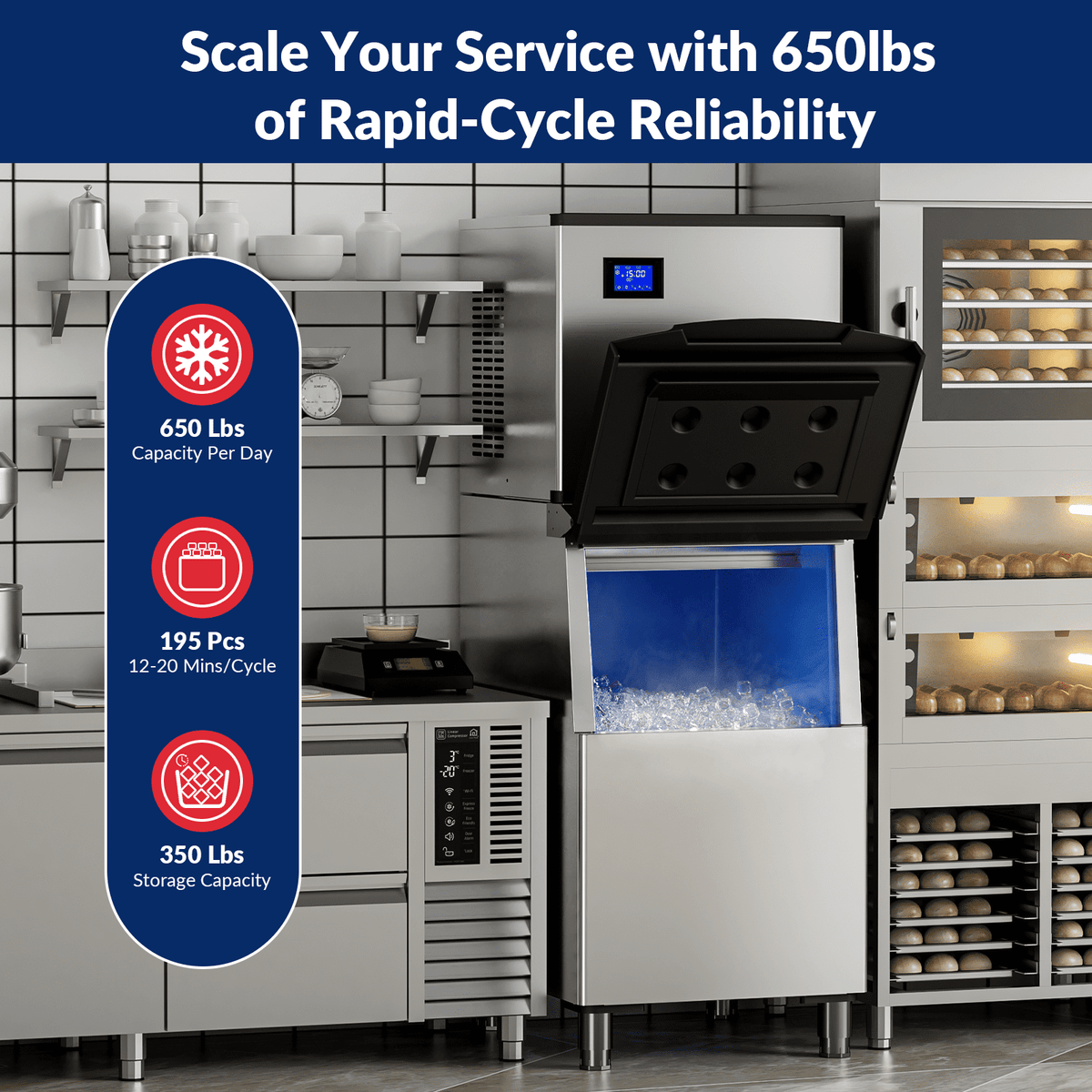 Split Commercial Ice Maker Machine 650LBS/24H with 350lbs Ice Bin, Nugget Ice Makers Commercial, Clear Cube Pellet Ice Maker, Fast Ice Maker Ice-Ready in 8-15mins