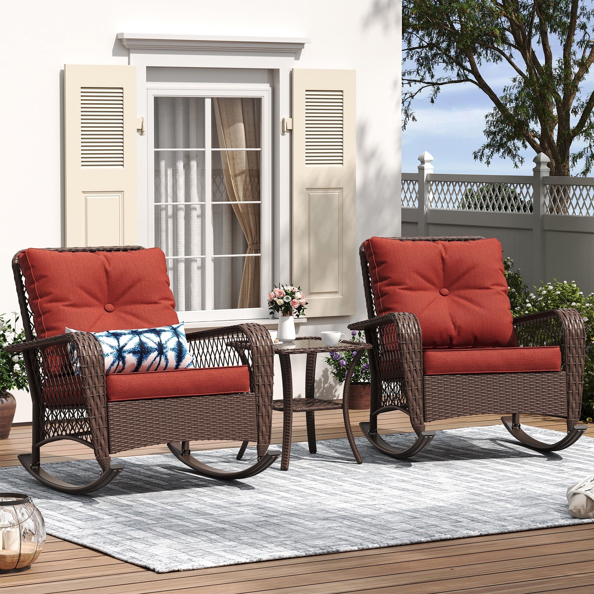 Outdoor Rocking Chairs Set of 3, Wicker Patio Furniture with Thickened Cushions and Table for Porch，350lbs Weight Capacity(Red)
