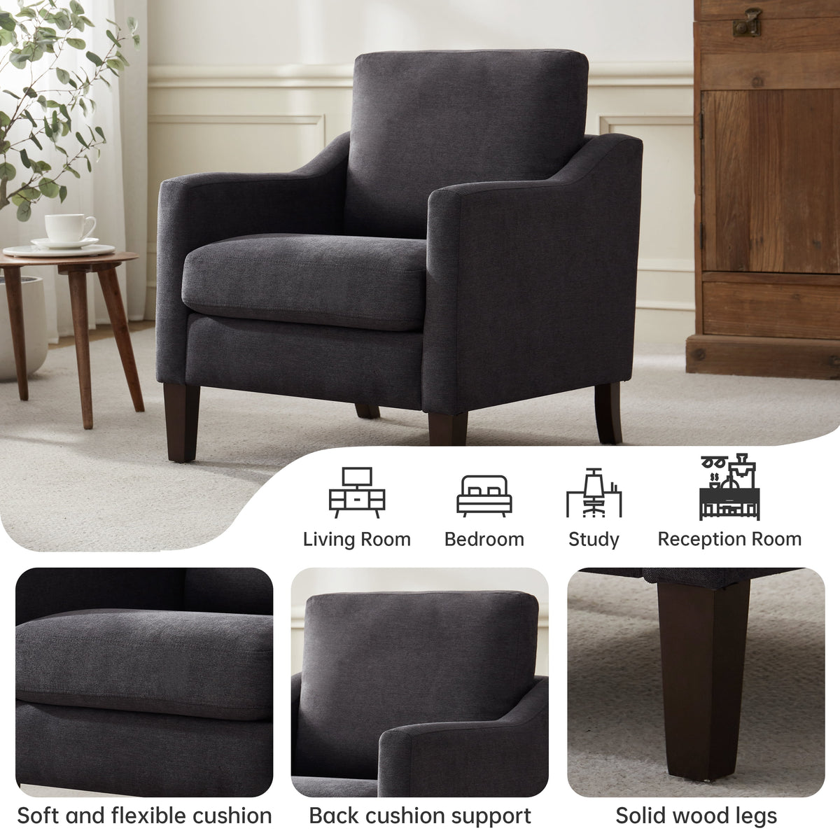 Modern Accent Chairs Set of 3, Polyester Upholstered Single Chairs with Wood Legs, Reading Armchairs for Living Room, Bedroom, Office, Dark Gray