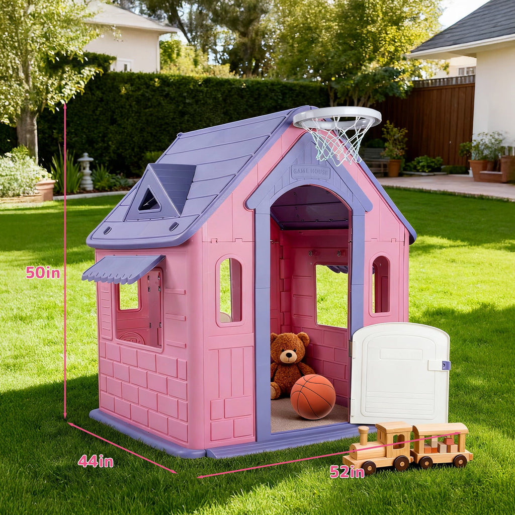 Playhouse for Kids,Kids Playhouse with Basketball Ring Toss Play and DIY Stickers, Activity Center Game House for Indoor Outdoor,Gift for Girls Boys