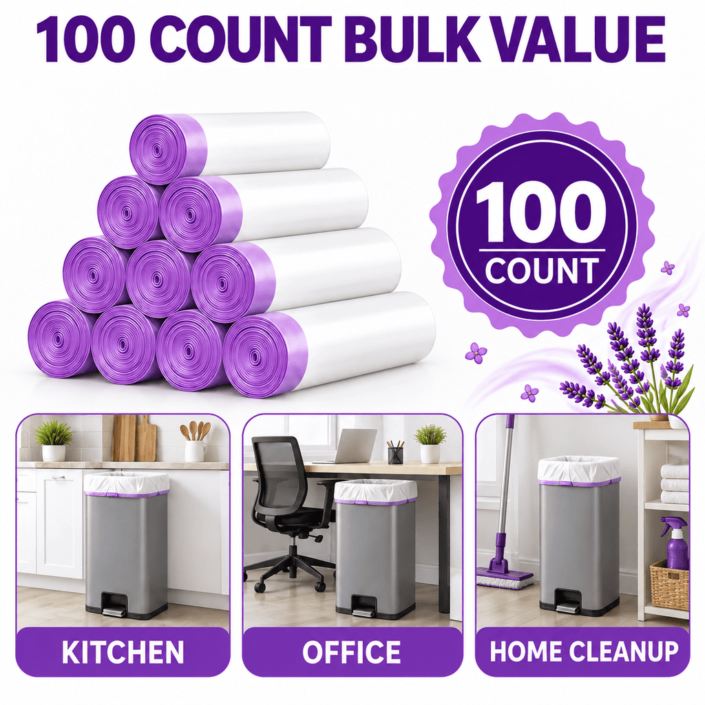 13 Gallon Trash Bags Lavender Scented (100 Count), Tall Kitchen Drawstring Garbage Bags 10-13 Gallon, High Density Bags (White)