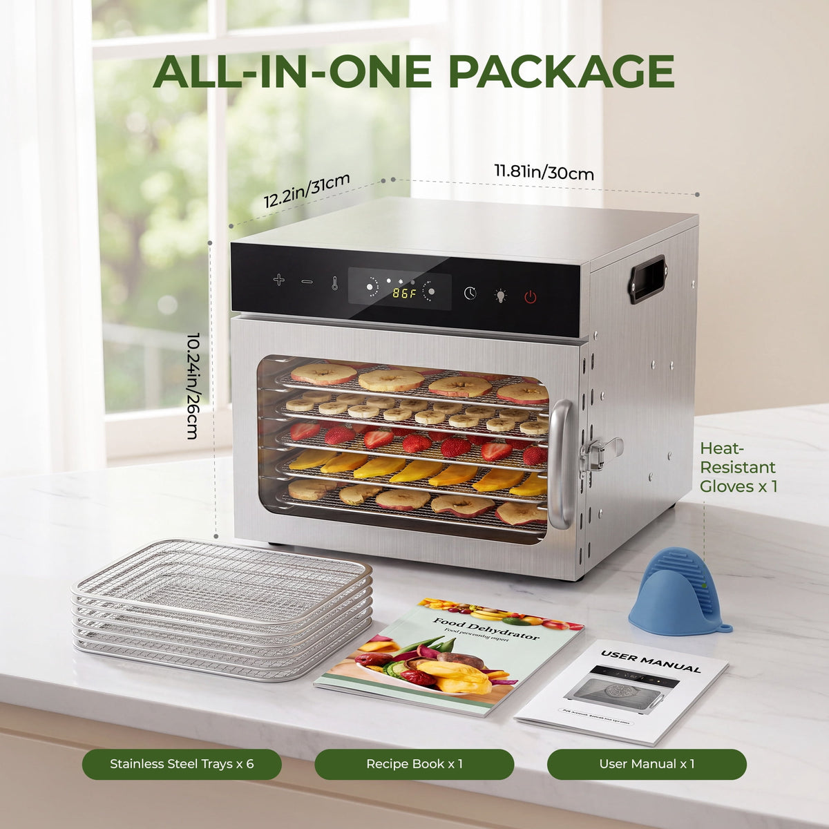 Food Dehydrator Machine with 6 Stainless Steel Large Trays,400W Fruit Dehydrator,24H Timer and 194°F Temperature Control, Food Dryer for Jerky, Herb, Meat,Beef,Fruit and Dog Treats,Silver