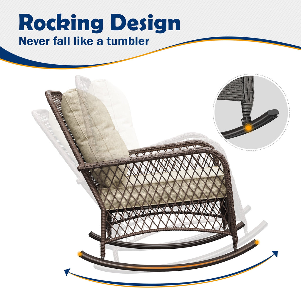 MRUAKA Outdoor Rocking Chairs Set of 3, Wicker Patio Furniture with Thickened Cushions and Table for Porch，350lbs Weight Capacity(Brown & Off-white)