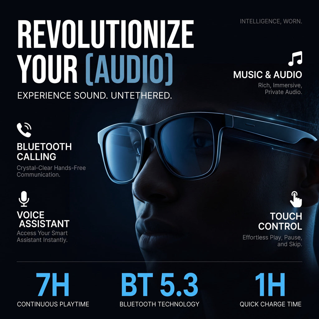 Bluetooth Smart Glasses Open Ear Audio Sunglasses with Touch Control Stereo Sound Hands Free Calls Voice Assistant Extended Standby for Sports Cycling Driving Outdoor Gift