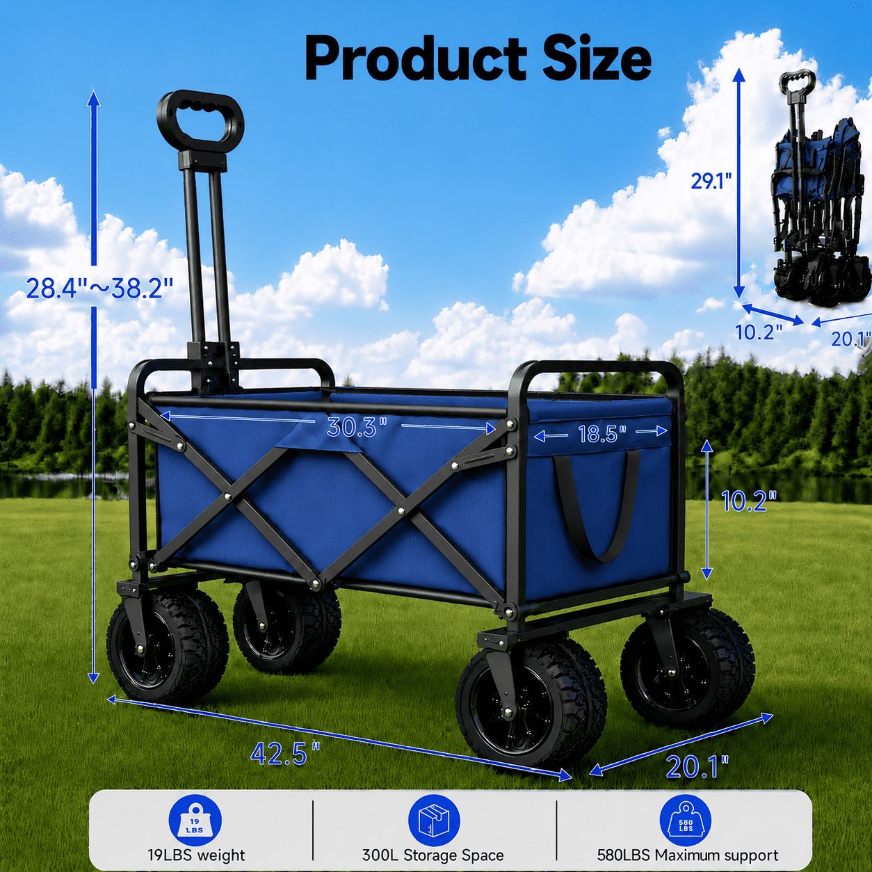 ANSFIL Collapsible Wagon with Wheels, Wagons Carts Foldable Wagon Cart with Flexible Handle, Folding Utility Heavy Duty Wagons Carts for Grocery Shopping Garden，Blue