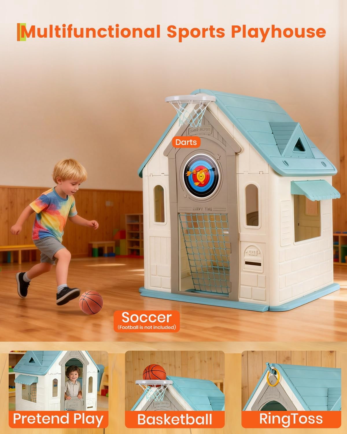 Playhouse with Basketball Hoop, Soccer Goal, Dartboard and Ring Toss Game, Indoor/Outdoor Toddler Play House with Stickers, for Boys and Girls Ages 6+, Cyan