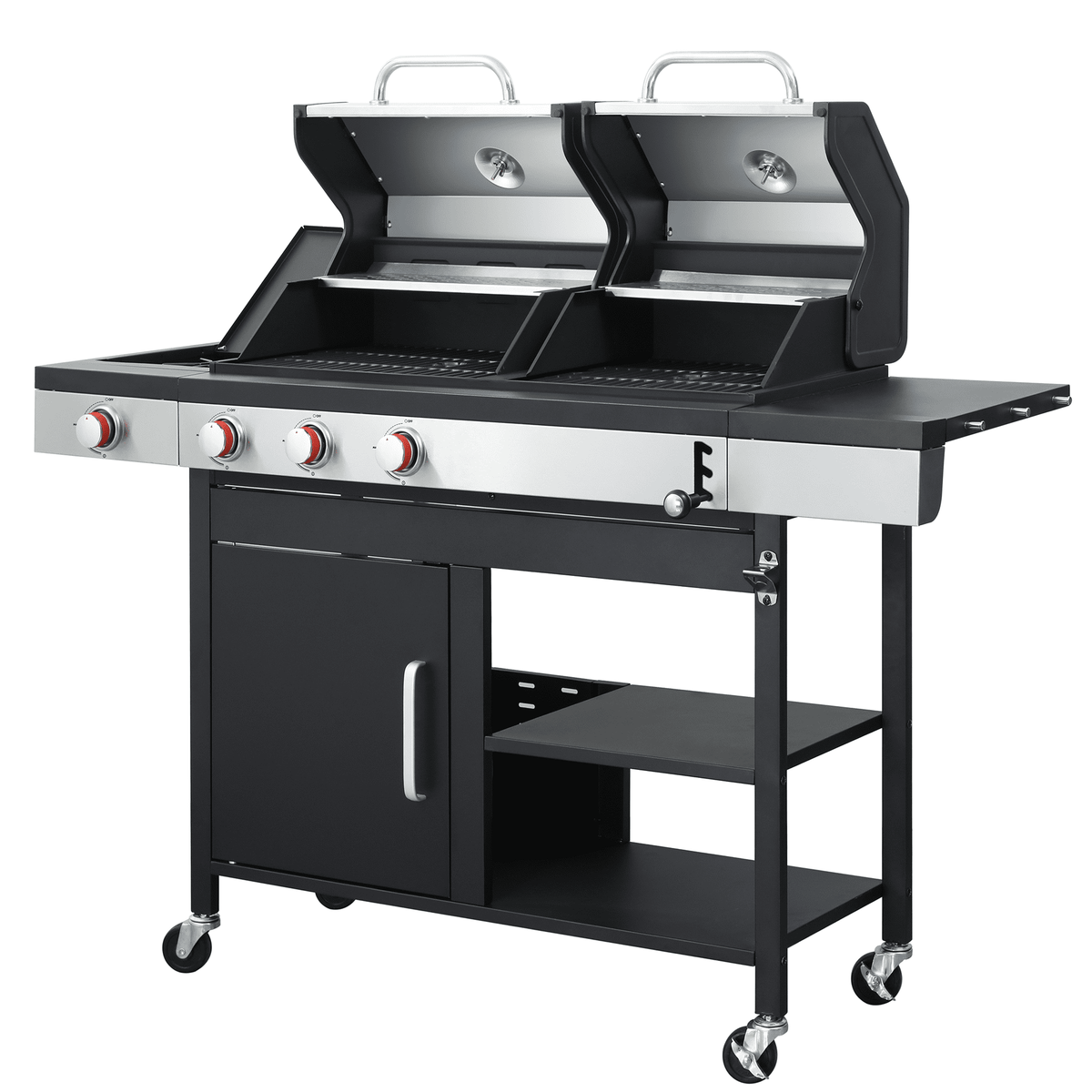 3-IN-1 Outdoor Gas Grill Combo, Charcoal Grill Smoker Adjustable Height, 3-Burner Propane Gas BBQ Grill with Side Burner, Cast Iron Grid, 2-side Gribble, Storage Shelf, Adjustable Vent