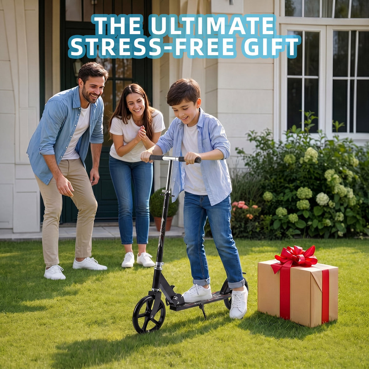 Kick Scooter with 3 Adjustable Levels,Folding Commuter Scooter 8 Inch Big Wheels for Teens & Adults,Black