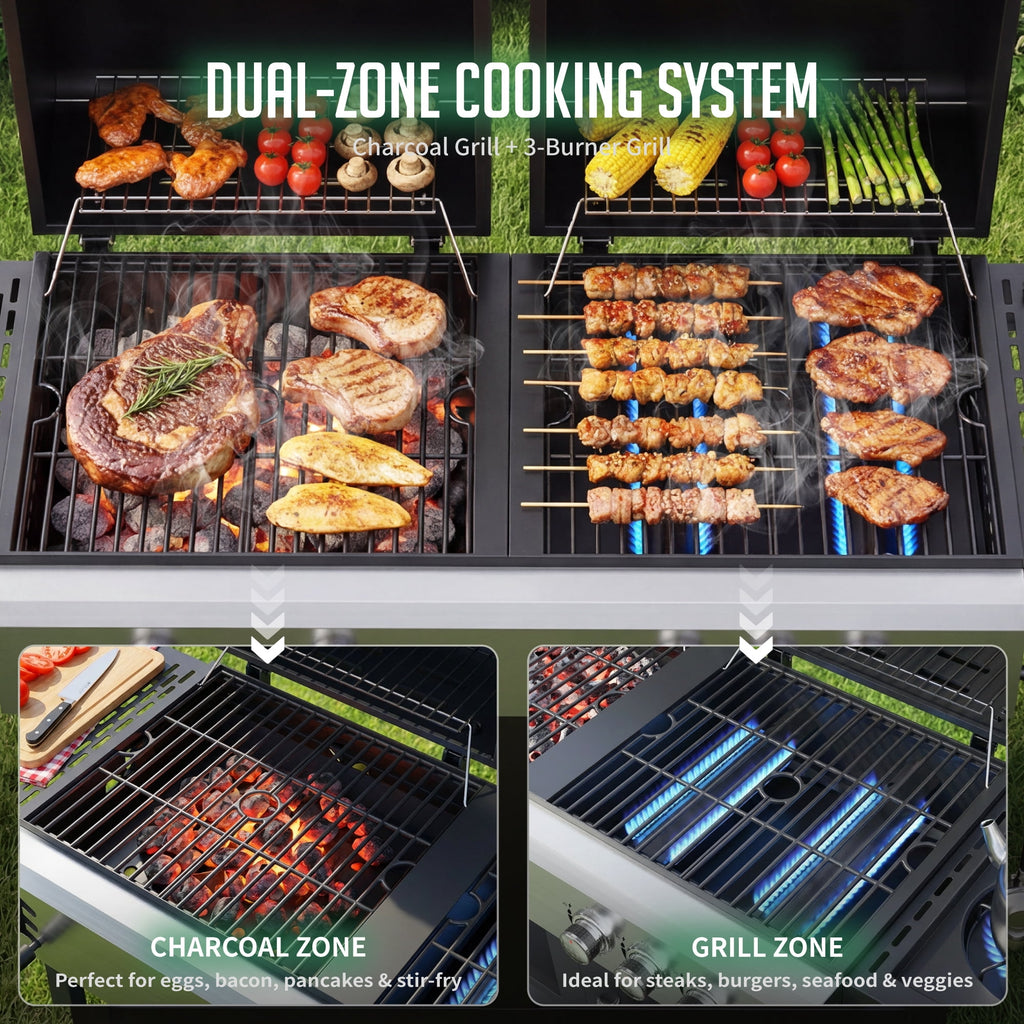3-Burner Gas and Charcoal Grill Combo, Dual Fuel 54,000 BTU BBQ Propane Grill with Side Burner for Backyard BBQ, Outdoor Cooking & Camping