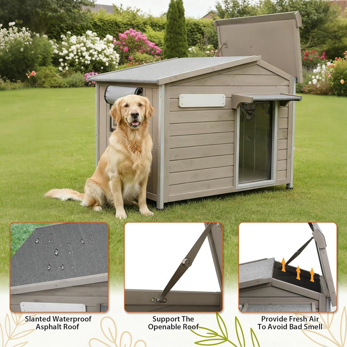 40"L Outdoor Dog House, Wooden Dog Kennel with Asphalt Roof for Medium Dog, Gray