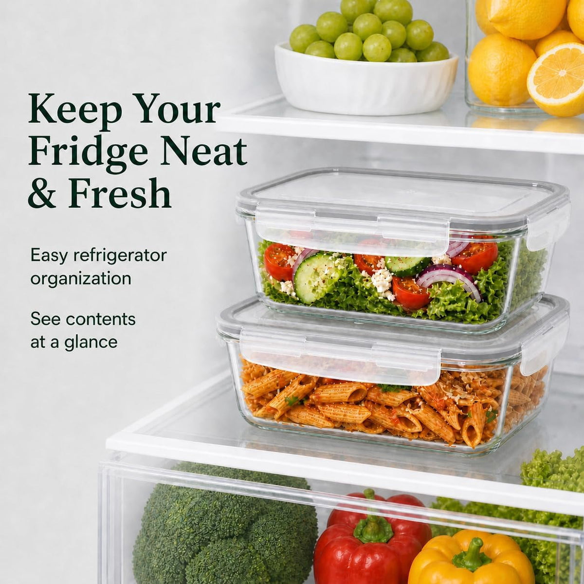 4 Piece Glass Food Storage Set, 2 Pack 63 Oz Glass Containers with Locking Leakproof Lids, Meal Prep & Food Storage Containers, Gray