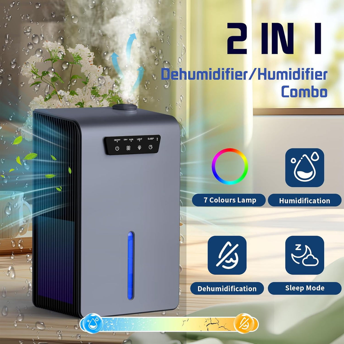2 in 1 Humidifier and Dehumidifier, 108oz Portable Dehumidifier for Home Bedroom Bathroom RV, Quiet Small Dehumidifier with Drain Hose, 7 Color LED Light, Sleep Mode, Auto Shut Off