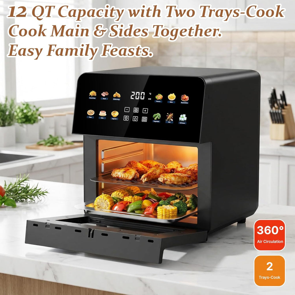 12.7QT Air Fryer Oven, 1700W Digital Air Fryer with 12 Preset Cooking Functions, Touchscreen Control, Visible Window, Color Display, Black