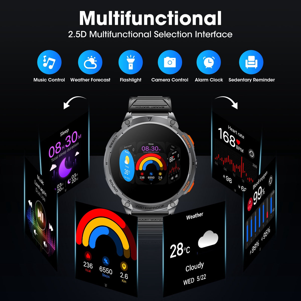 Military Smart Watch for Men, 55MM AMOLED Display，with 110+Sports Modes/IP68 waterproof，fits for Android and iPhone Devices (Black)