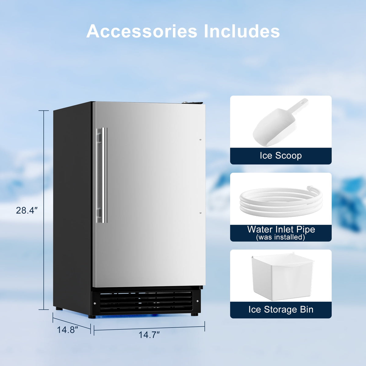 15" Drainless Undercounter Ice Maker, 22 lbs/24H Crescent Ice Machine, 22 lbs Storage Bin, No Drain Needed, Reversible Door, ETL