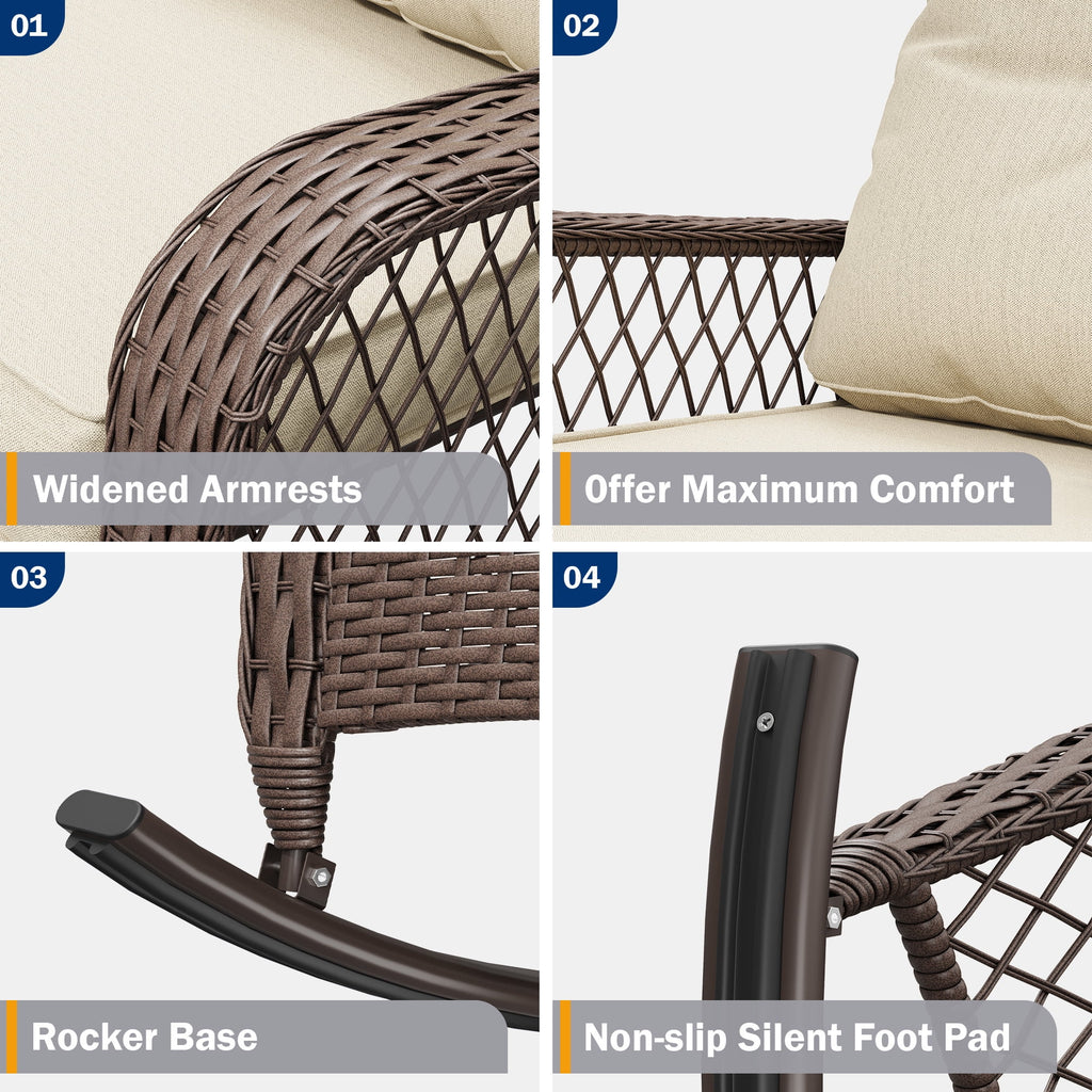 MRUAKA Outdoor Rocking Chairs Set of 3, Wicker Patio Furniture with Thickened Cushions and Table for Porch，350lbs Weight Capacity(Brown & Off-white)
