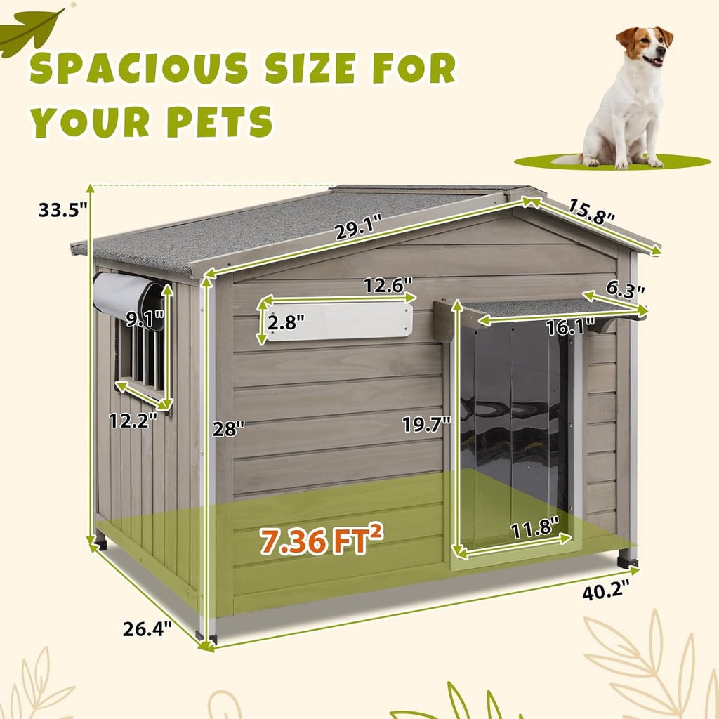 40"L Outdoor Dog House, Wooden Dog Kennel with Asphalt Roof for Medium Dog, Gray