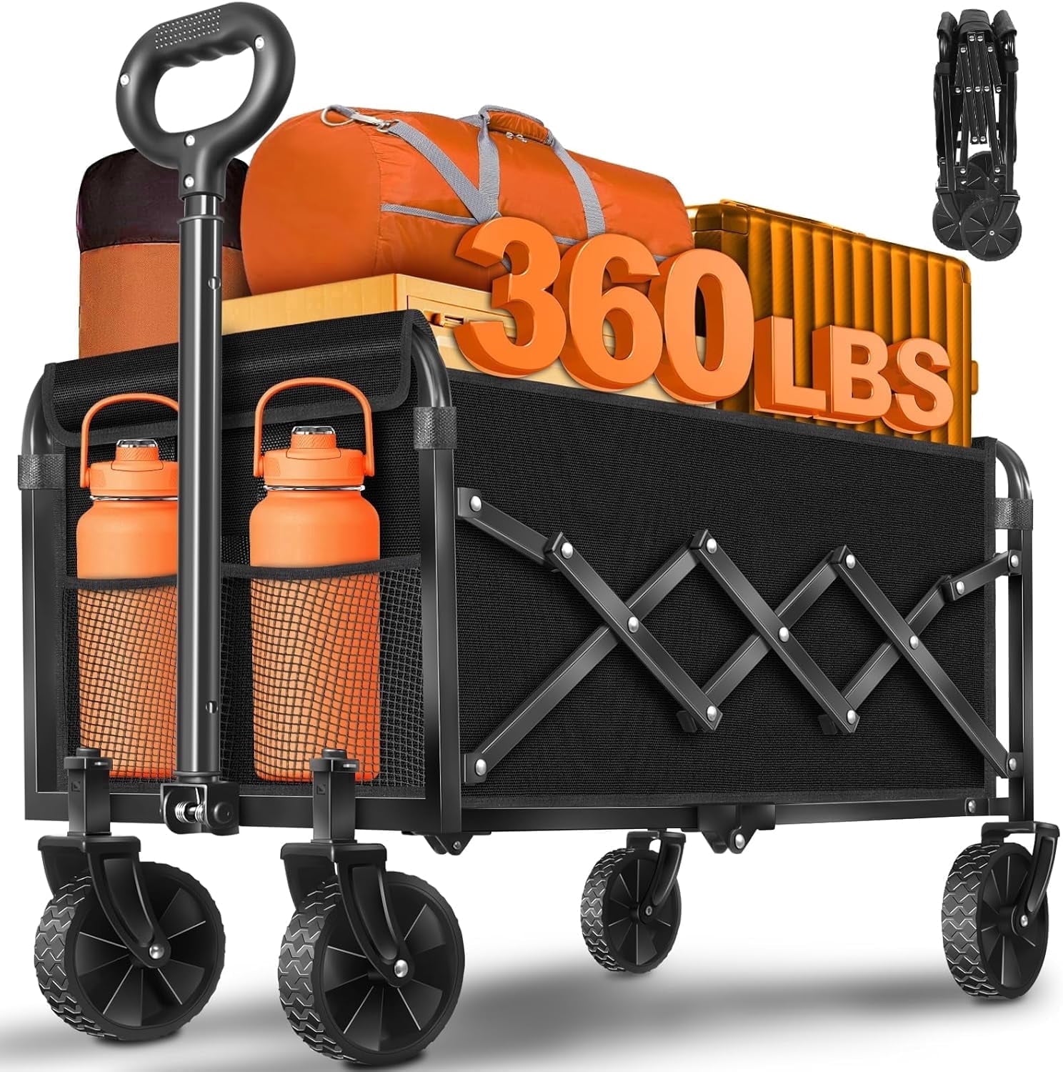 Collapsible Wagon with Wheels, Wagons Carts Foldable Wagon Cart with Flexible Handle, Folding Utility Heavy Duty Wagons Carts for Grocery Shopping Garden