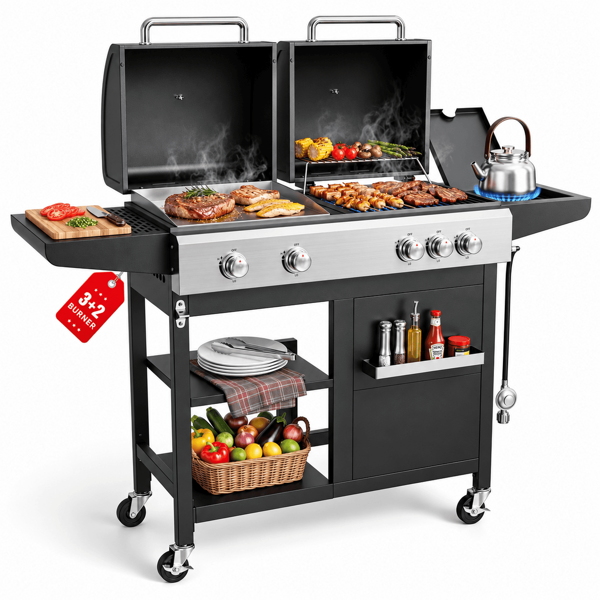 5-Burner Propane Gas Grill and Griddle Combo, 54,000 BTU Dual Fuel BBQ Grill with Side Burner for Backyard, Patio Outdoor Cooking & Entertaining