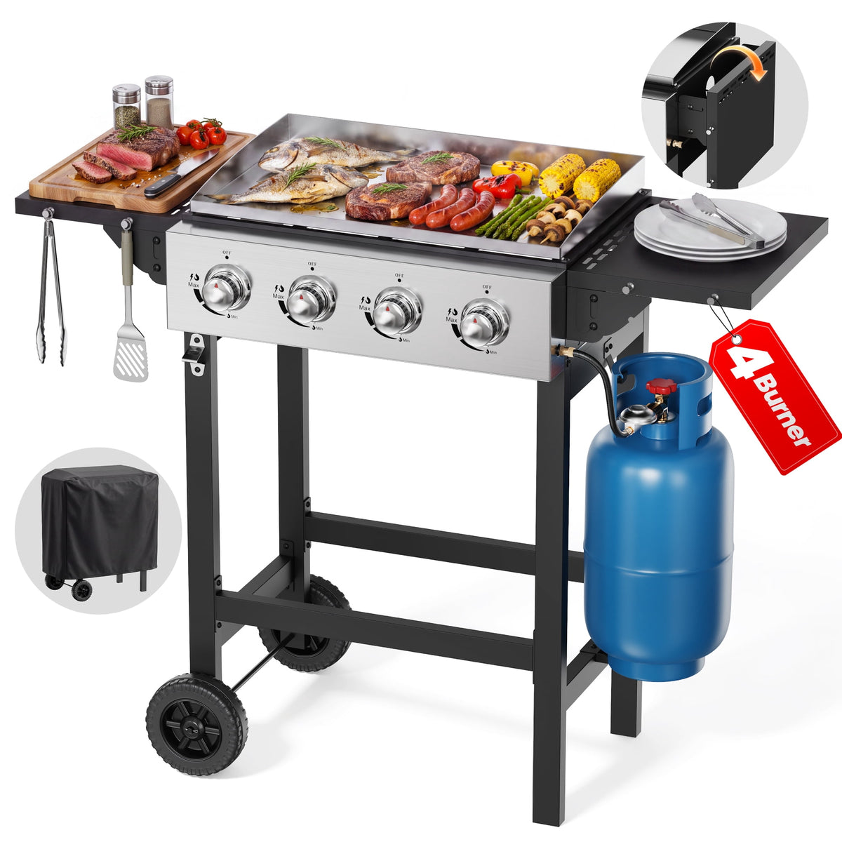 4-Burner Propane Gas Griddle with Stainless Steel Pan,42,000 BTU Flat Top BBQ Grill with Two Foldable Shelves and Griddle Cover for Outdoor Camping Patio