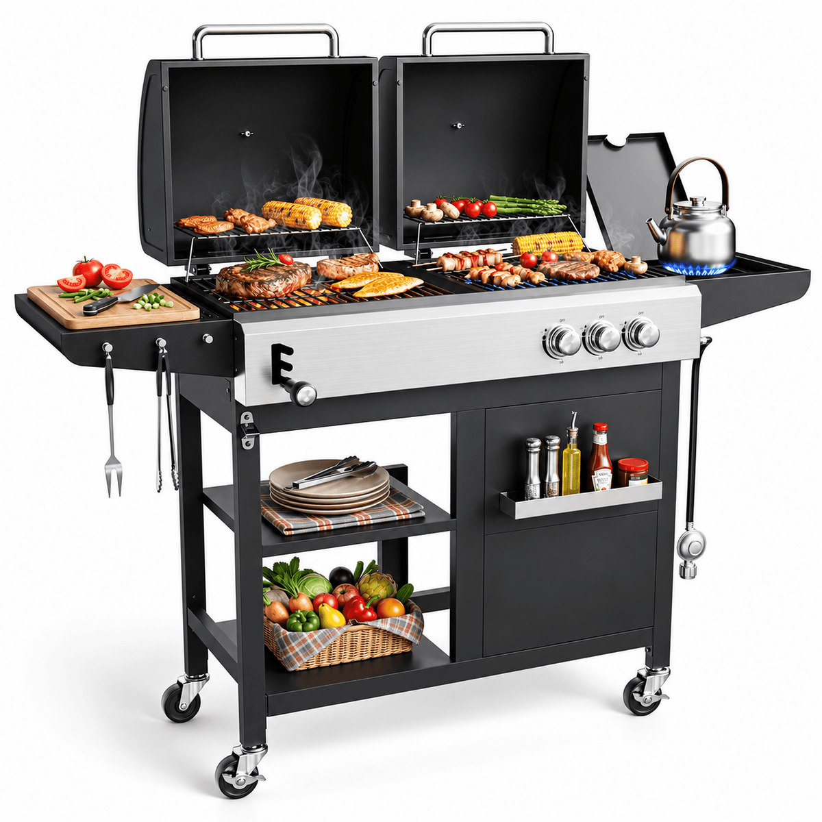 3-Burner Gas and Charcoal Grill Combo, Dual Fuel 54,000 BTU BBQ Propane Grill with Side Burner for Backyard BBQ, Outdoor Cooking & Camping