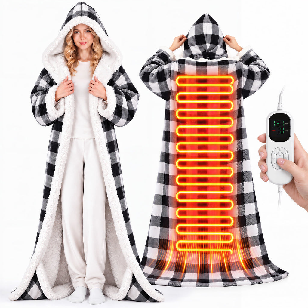 Biotree Wearable Heated Blanket with Waistband, Foot Pocket and Detachable Hood - Electric Plaid Throw Blanket with 6 Heat Levels and 1-12H Auto Timer Settings -50 x 70 inch,Red