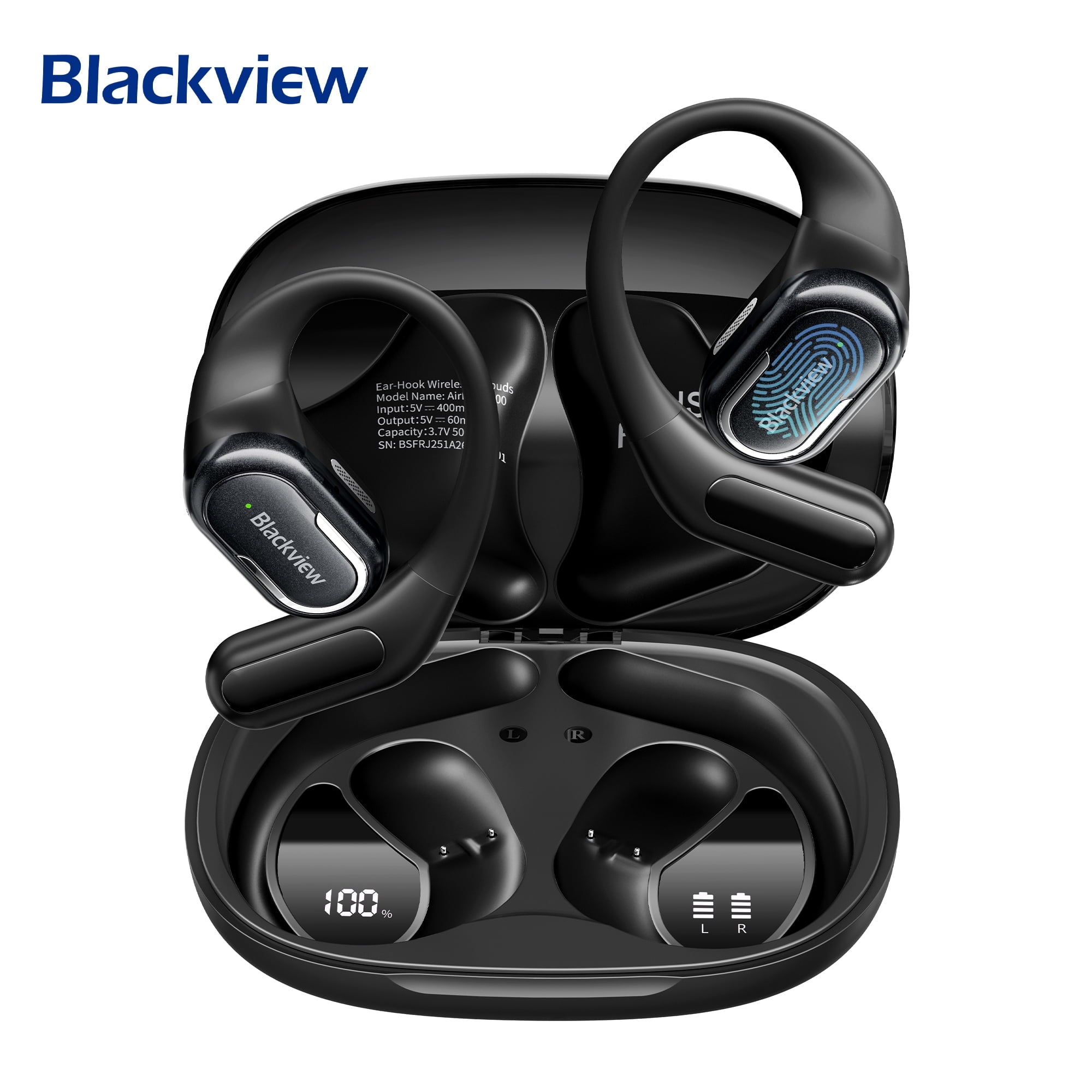 Blackview AirBuds 300 Open Ear Headphones - 28Hrs Digital Display Open-Ear True Wireless Earbuds,Bluetooth 6.0,IPX5 Waterproof & Pro-Level Sound for Active Lifestyles